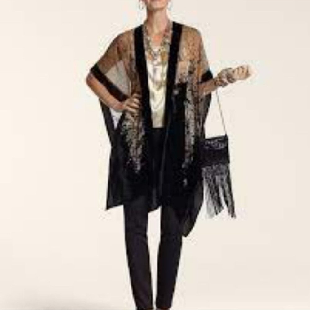 NWT Chico's Black/brown Velvet Floral Sheer Ruana Coverin
